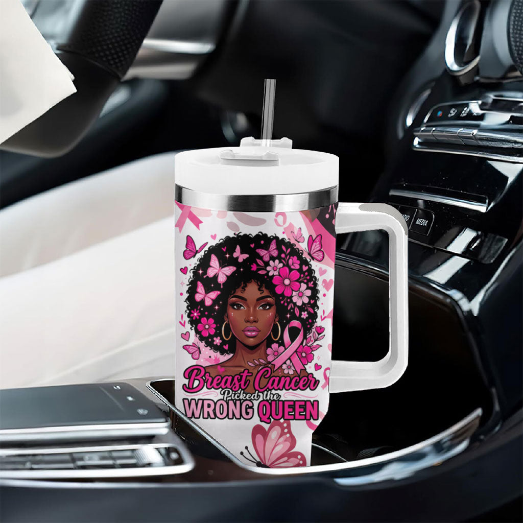 African American Breast Cancer Awareness Queen Tumbler With Handle Pink Ribbon Floral Butterfly Boxing Gloves Warrior Art