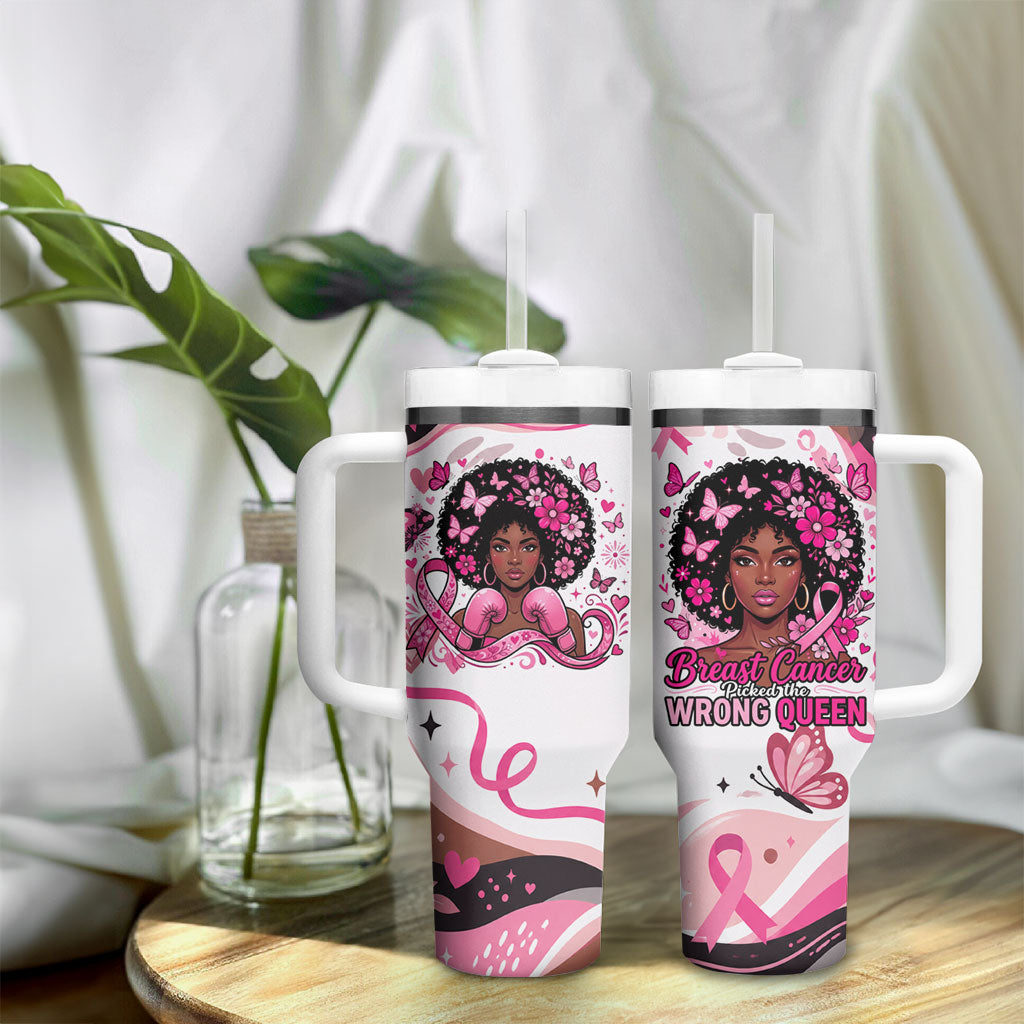 African American Breast Cancer Awareness Queen Tumbler With Handle Pink Ribbon Floral Butterfly Boxing Gloves Warrior Art