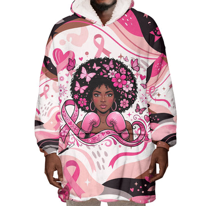 African American Breast Cancer Awareness Queen Wearable Blanket Hoodie Pink Ribbon Floral Butterfly Boxing Gloves Warrior Art