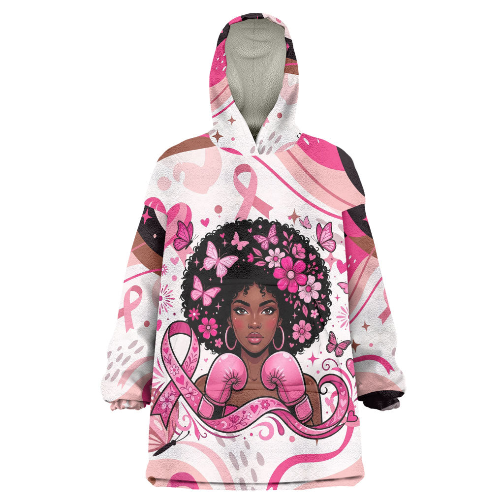 African American Breast Cancer Awareness Queen Wearable Blanket Hoodie Pink Ribbon Floral Butterfly Boxing Gloves Warrior Art