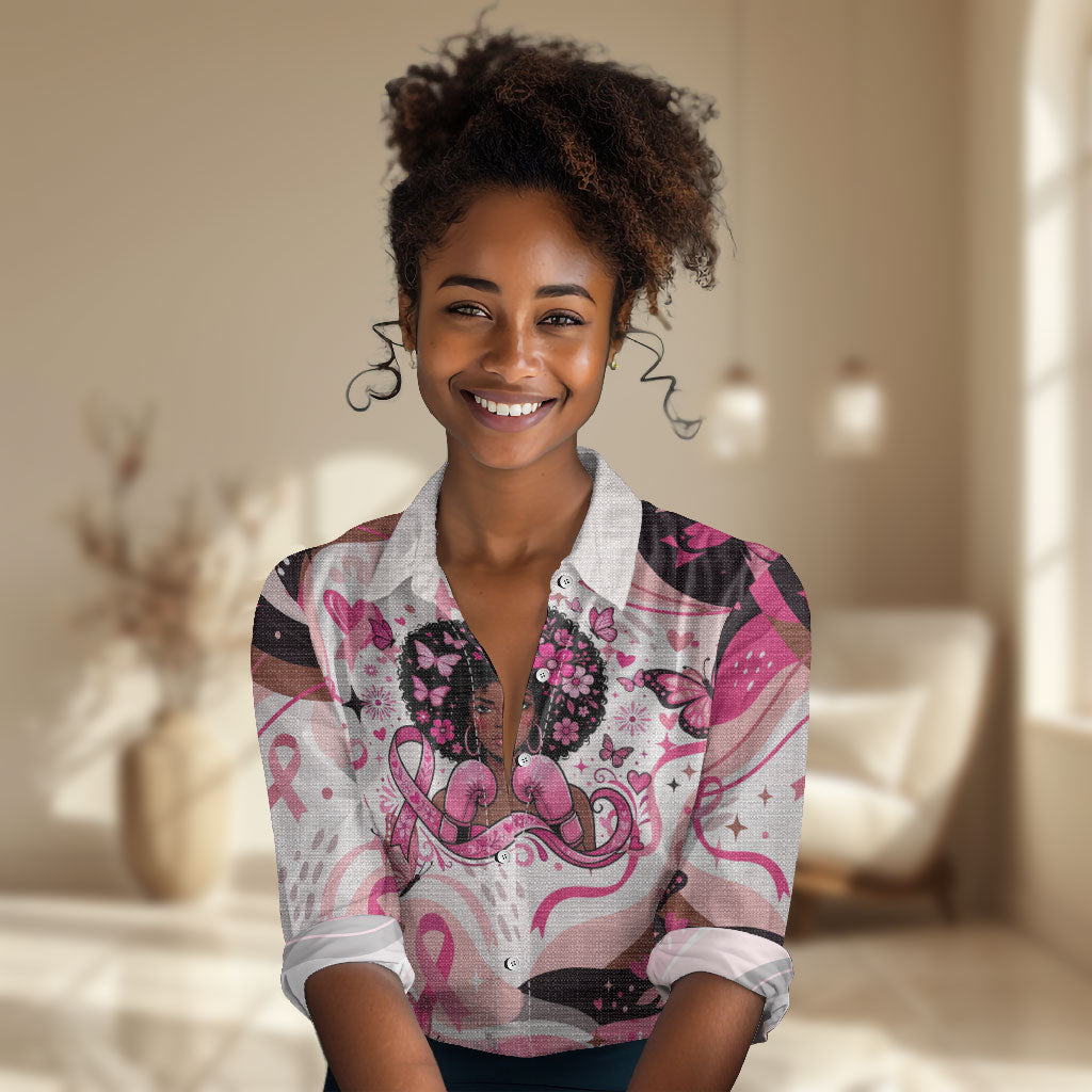 African American Breast Cancer Awareness Queen Women Casual Shirt Pink Ribbon Floral Butterfly Boxing Gloves Warrior Art