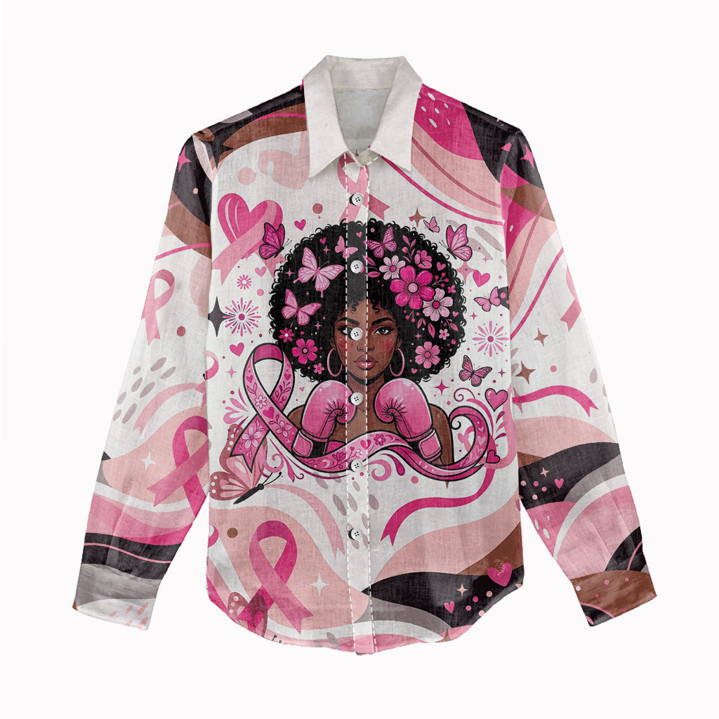 African American Breast Cancer Awareness Queen Women Casual Shirt Pink Ribbon Floral Butterfly Boxing Gloves Warrior Art