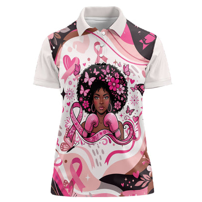 African American Breast Cancer Awareness Queen Women Polo Shirt Pink Ribbon Floral Butterfly Boxing Gloves Warrior Art