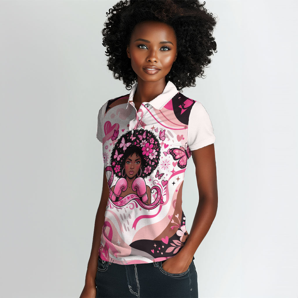 African American Breast Cancer Awareness Queen Women Polo Shirt Pink Ribbon Floral Butterfly Boxing Gloves Warrior Art
