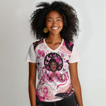 African American Breast Cancer Awareness Queen Women V-Neck T-Shirt Pink Ribbon Floral Butterfly Boxing Gloves Warrior Art