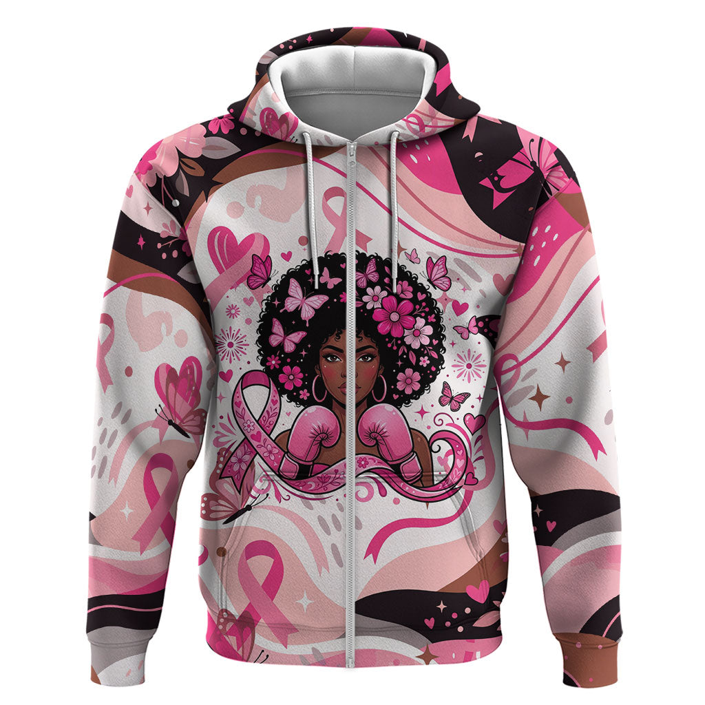 African American Breast Cancer Awareness Queen Zip Hoodie Pink Ribbon Floral Butterfly Boxing Gloves Warrior Art
