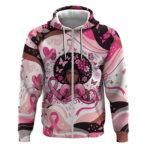 African American Breast Cancer Awareness Queen Zip Hoodie Pink Ribbon Floral Butterfly Boxing Gloves Warrior Art