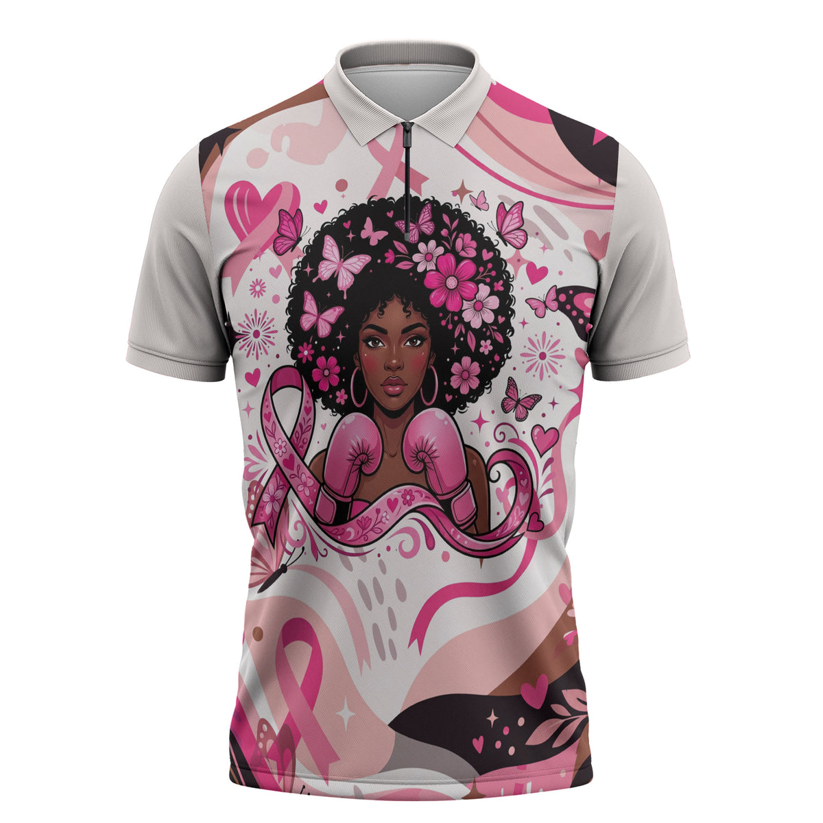 African American Breast Cancer Awareness Queen Zipper Polo Shirt Pink Ribbon Floral Butterfly Boxing Gloves Warrior Art