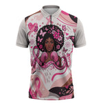 African American Breast Cancer Awareness Queen Zipper Polo Shirt Pink Ribbon Floral Butterfly Boxing Gloves Warrior Art