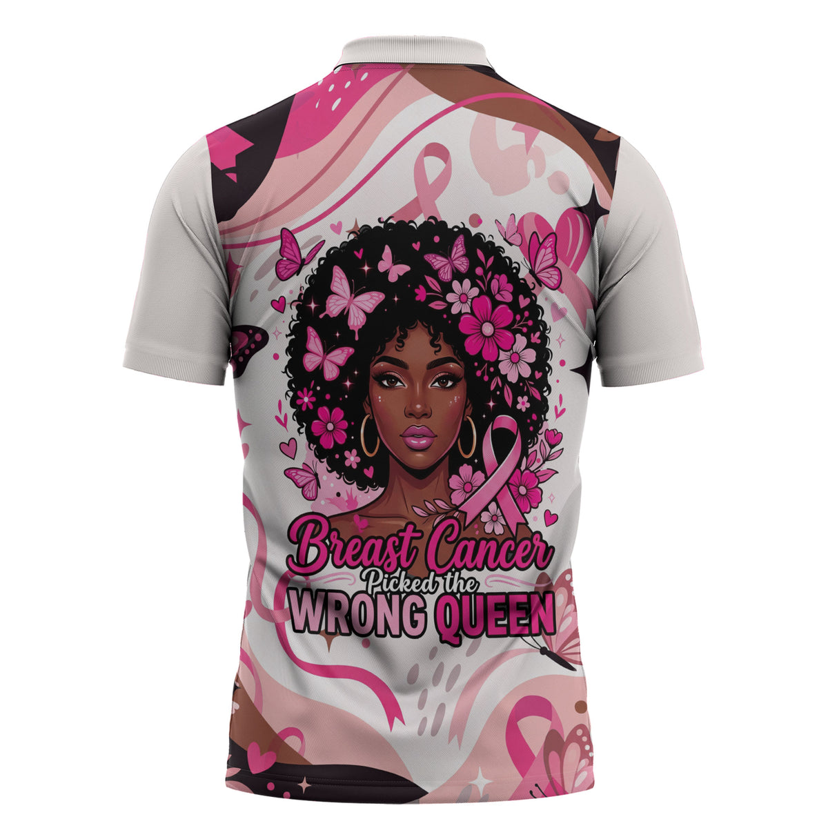 African American Breast Cancer Awareness Queen Zipper Polo Shirt Pink Ribbon Floral Butterfly Boxing Gloves Warrior Art