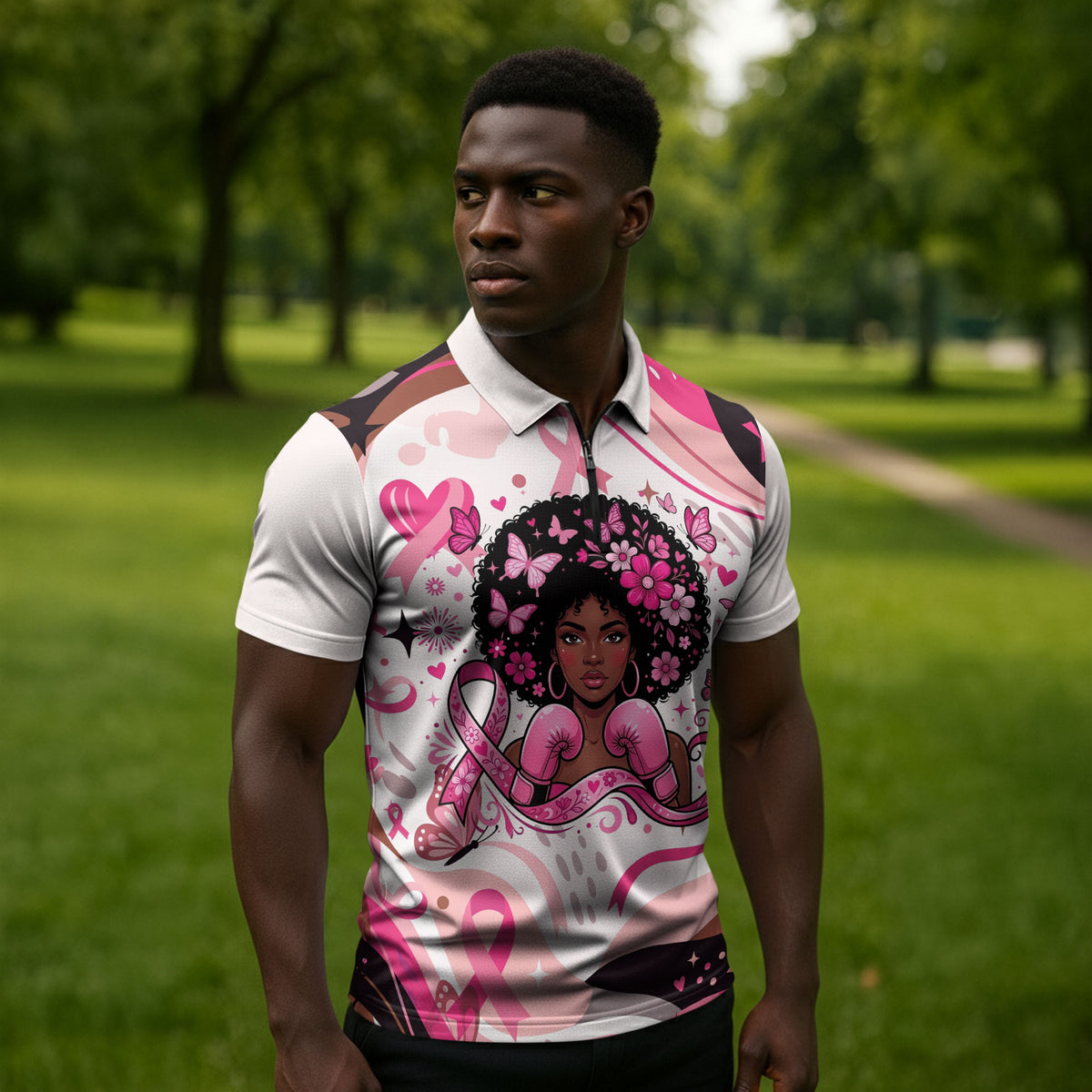 African American Breast Cancer Awareness Queen Zipper Polo Shirt Pink Ribbon Floral Butterfly Boxing Gloves Warrior Art