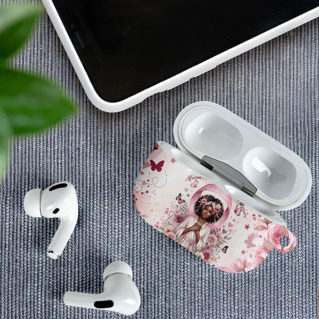 African American Breast Cancer Warrior Black Queen AirPods Case Floral Pink Ribbon Watercolor Butterfly Hope Art