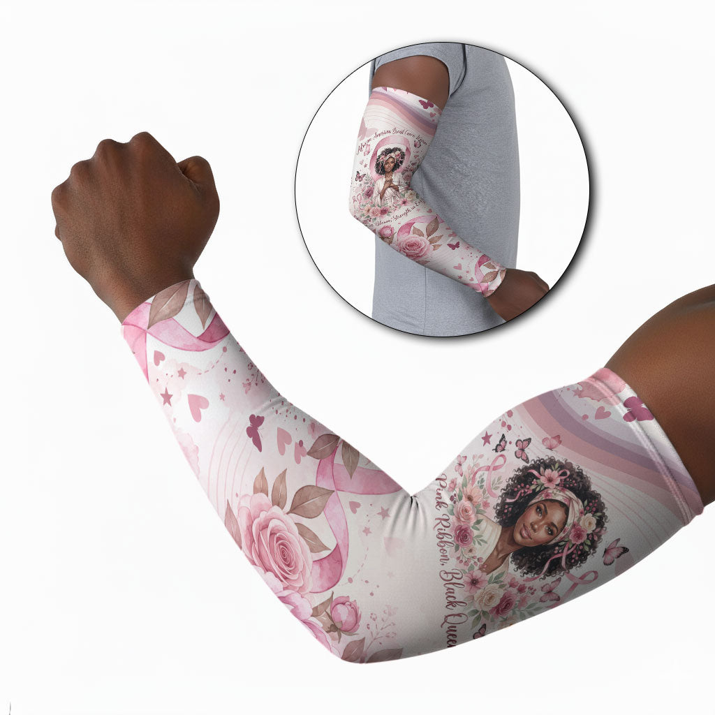 African American Breast Cancer Warrior Black Queen Arm Sleeves Floral Pink Ribbon Watercolor Butterfly Hope Art