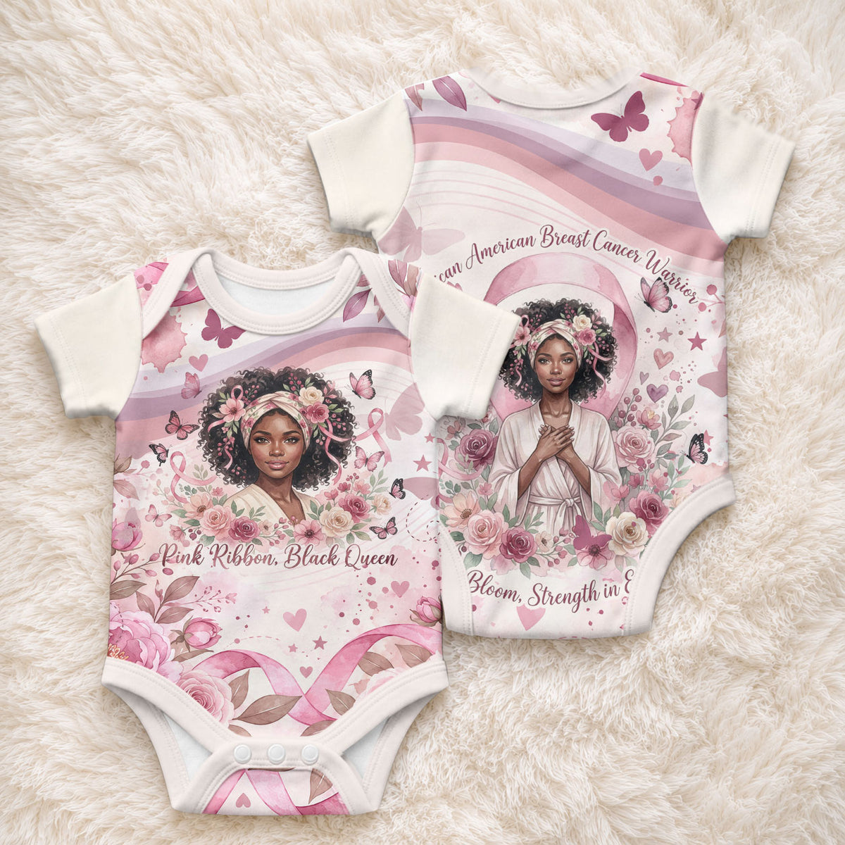 African American Breast Cancer Warrior Black Queen Baby Onesie Floral Pink Ribbon Watercolor Butterfly Hope Art