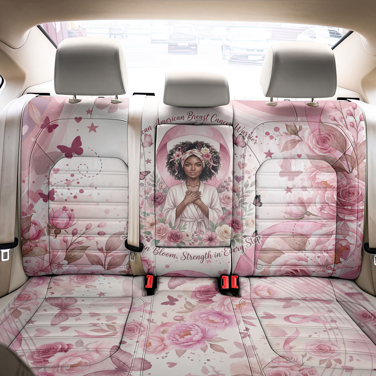 African American Breast Cancer Warrior Black Queen Back Car Seat Cover Floral Pink Ribbon Watercolor Butterfly Hope Art