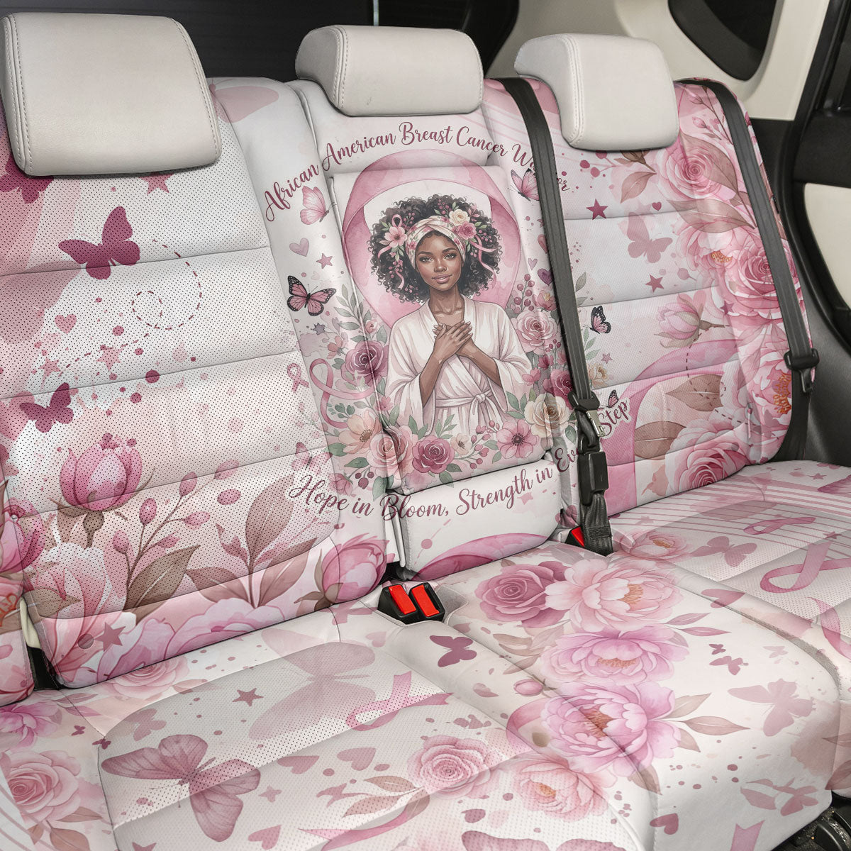 African American Breast Cancer Warrior Black Queen Back Car Seat Cover Floral Pink Ribbon Watercolor Butterfly Hope Art