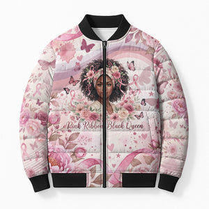 African American Breast Cancer Warrior Black Queen Bomber Puffer Jacket Floral Pink Ribbon Watercolor Butterfly Hope Art