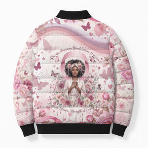 African American Breast Cancer Warrior Black Queen Bomber Puffer Jacket Floral Pink Ribbon Watercolor Butterfly Hope Art