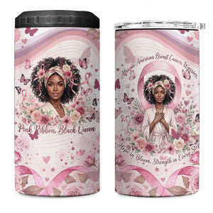 African American Breast Cancer Warrior Black Queen 4 in 1 Can Cooler Tumbler Floral Pink Ribbon Watercolor Butterfly Hope Art
