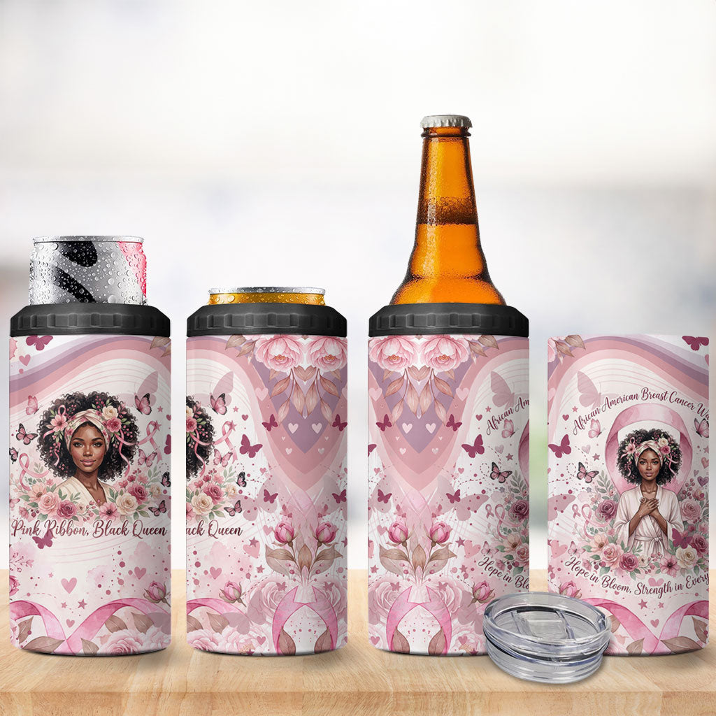 African American Breast Cancer Warrior Black Queen 4 in 1 Can Cooler Tumbler Floral Pink Ribbon Watercolor Butterfly Hope Art