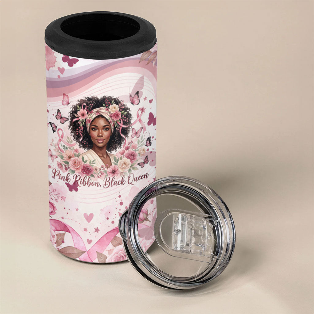 African American Breast Cancer Warrior Black Queen 4 in 1 Can Cooler Tumbler Floral Pink Ribbon Watercolor Butterfly Hope Art