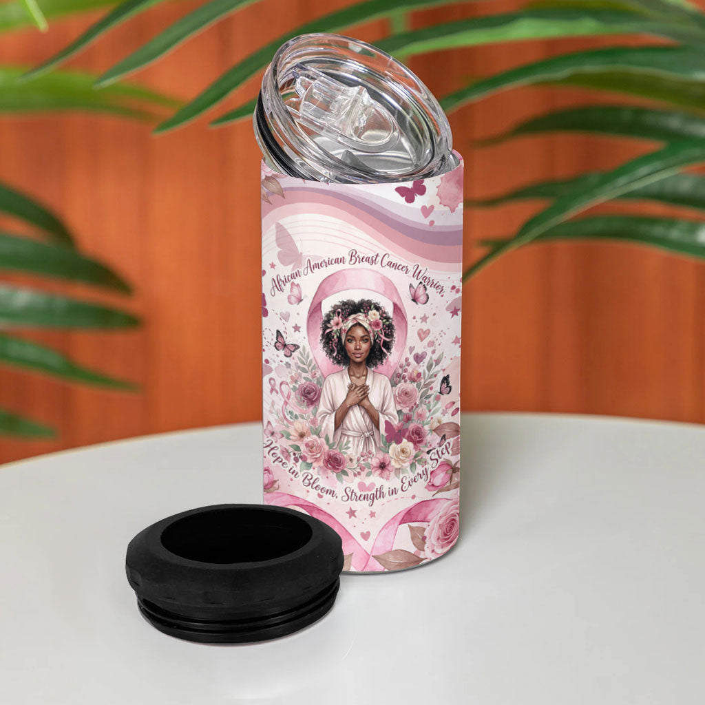 African American Breast Cancer Warrior Black Queen 4 in 1 Can Cooler Tumbler Floral Pink Ribbon Watercolor Butterfly Hope Art
