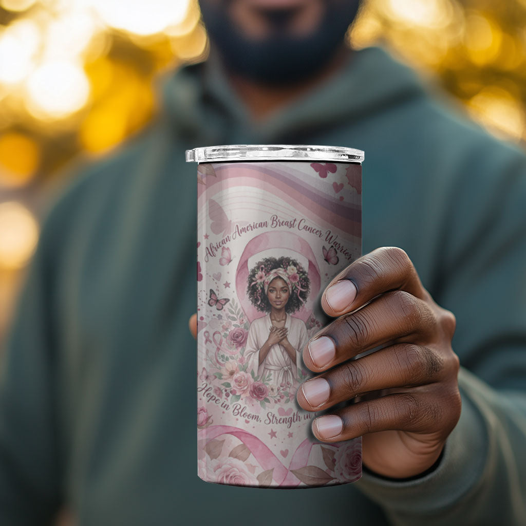African American Breast Cancer Warrior Black Queen 4 in 1 Can Cooler Tumbler Floral Pink Ribbon Watercolor Butterfly Hope Art