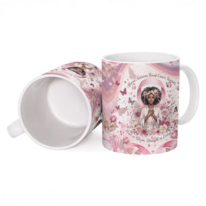 African American Breast Cancer Warrior Black Queen Ceramic Mug Floral Pink Ribbon Watercolor Butterfly Hope Art