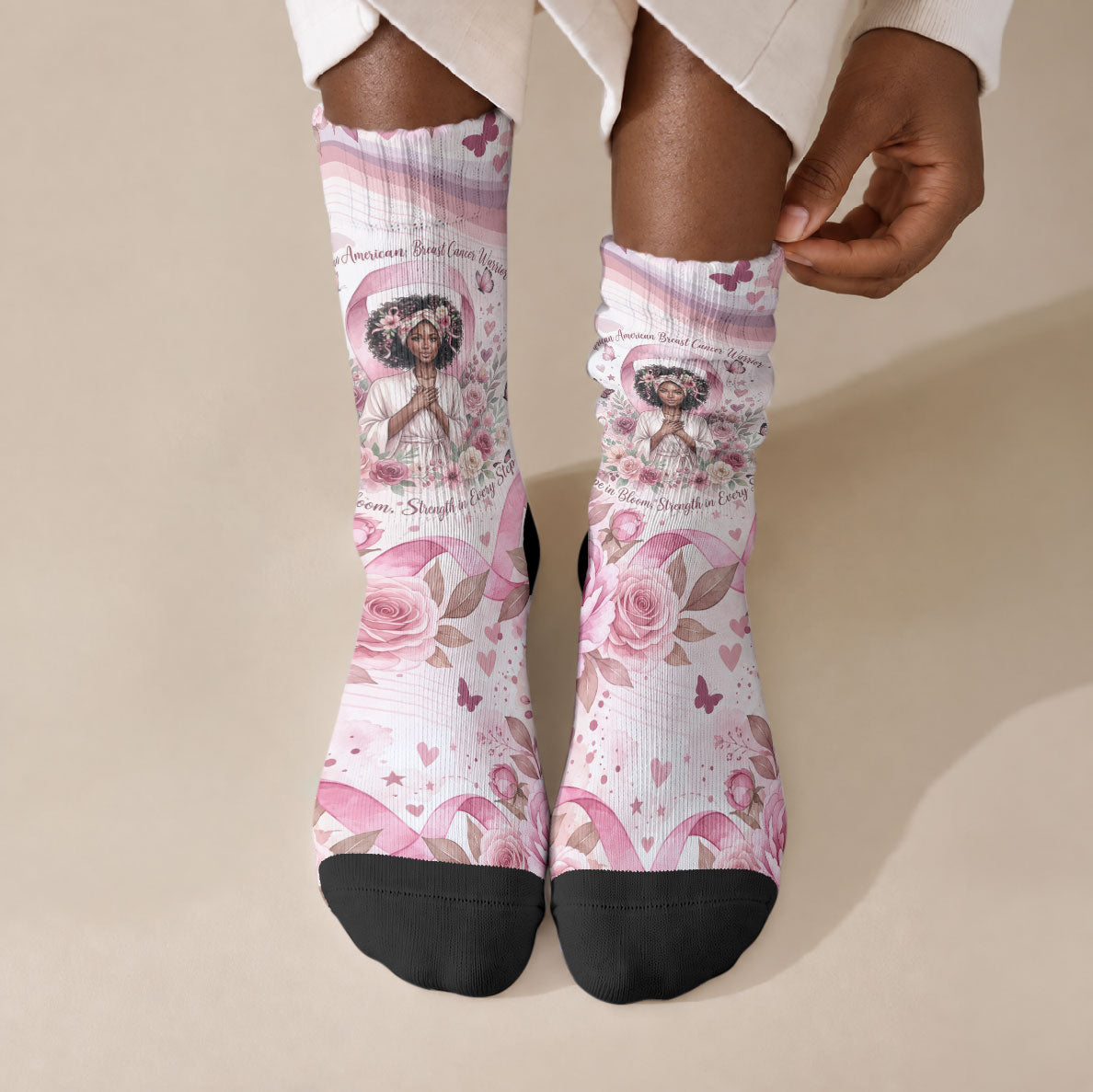 African American Breast Cancer Warrior Black Queen Crew Socks Floral Pink Ribbon Watercolor Butterfly Hope Art