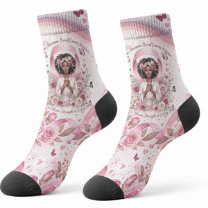 African American Breast Cancer Warrior Black Queen Crew Socks Floral Pink Ribbon Watercolor Butterfly Hope Art