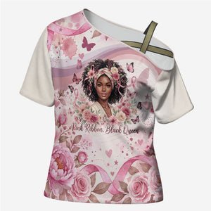 African American Breast Cancer Warrior Black Queen Cross Shoulder Shirt Floral Pink Ribbon Watercolor Butterfly Hope Art