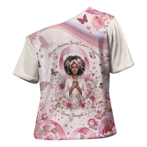 African American Breast Cancer Warrior Black Queen Cross Shoulder Shirt Floral Pink Ribbon Watercolor Butterfly Hope Art