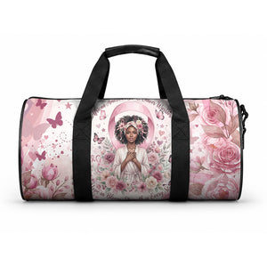 African American Breast Cancer Warrior Black Queen Duffle Bag Floral Pink Ribbon Watercolor Butterfly Hope Art