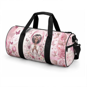 African American Breast Cancer Warrior Black Queen Duffle Bag Floral Pink Ribbon Watercolor Butterfly Hope Art