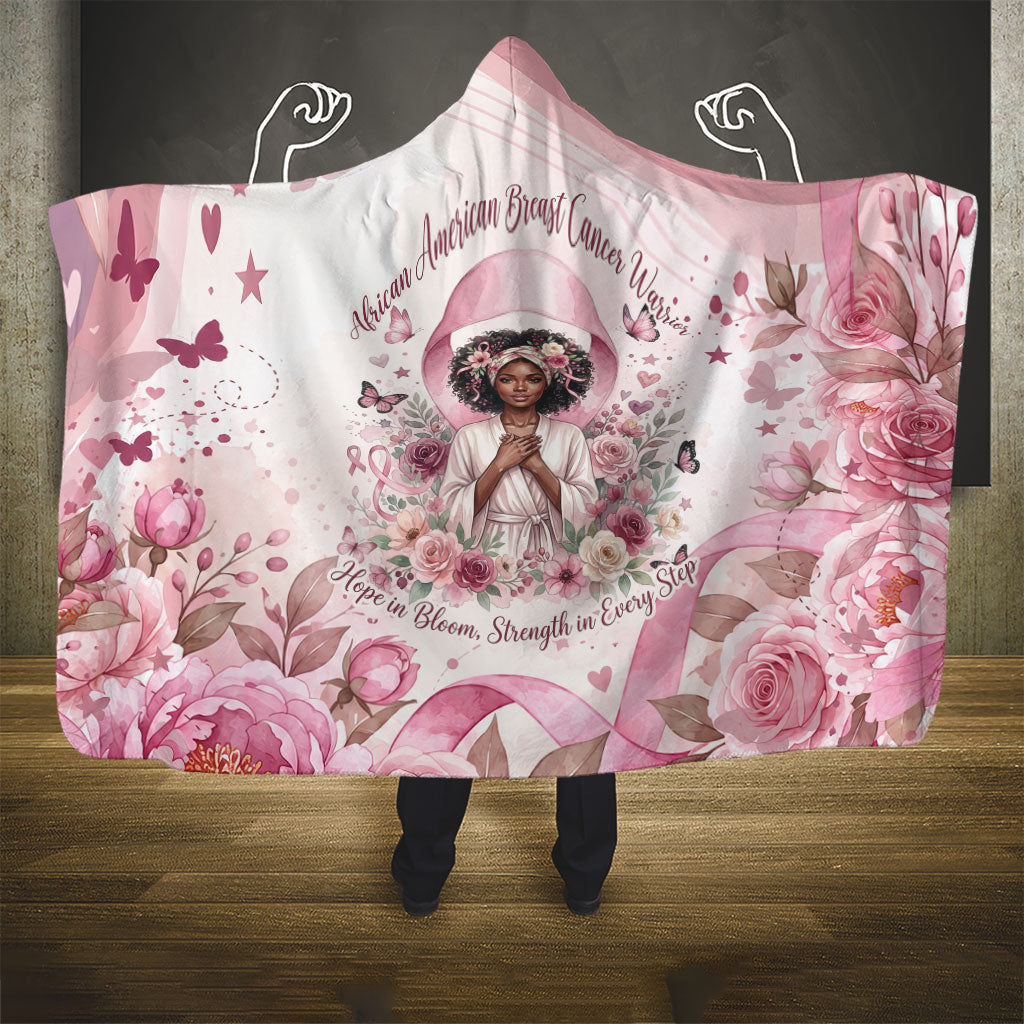 African American Breast Cancer Warrior Black Queen Hooded Blanket Floral Pink Ribbon Watercolor Butterfly Hope Art