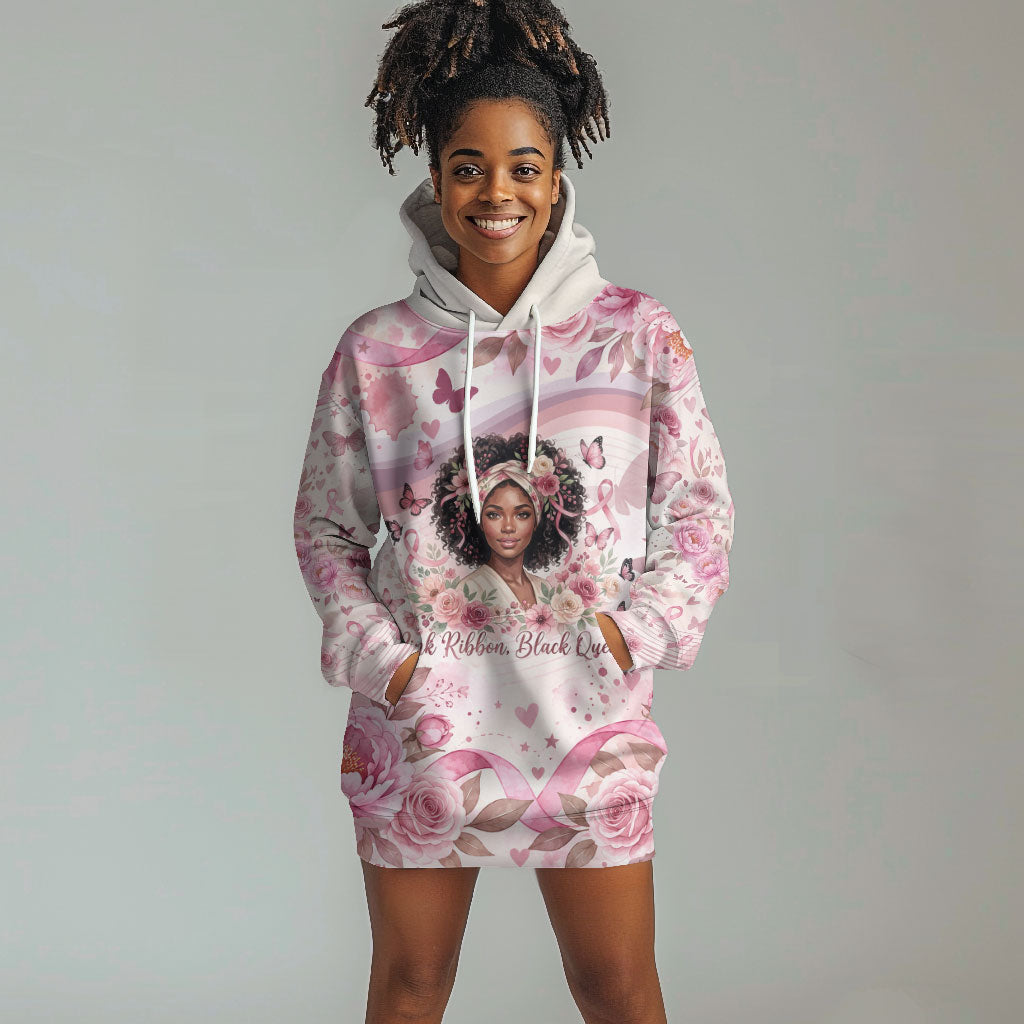 African American Breast Cancer Warrior Black Queen Hoodie Dress Floral Pink Ribbon Watercolor Butterfly Hope Art