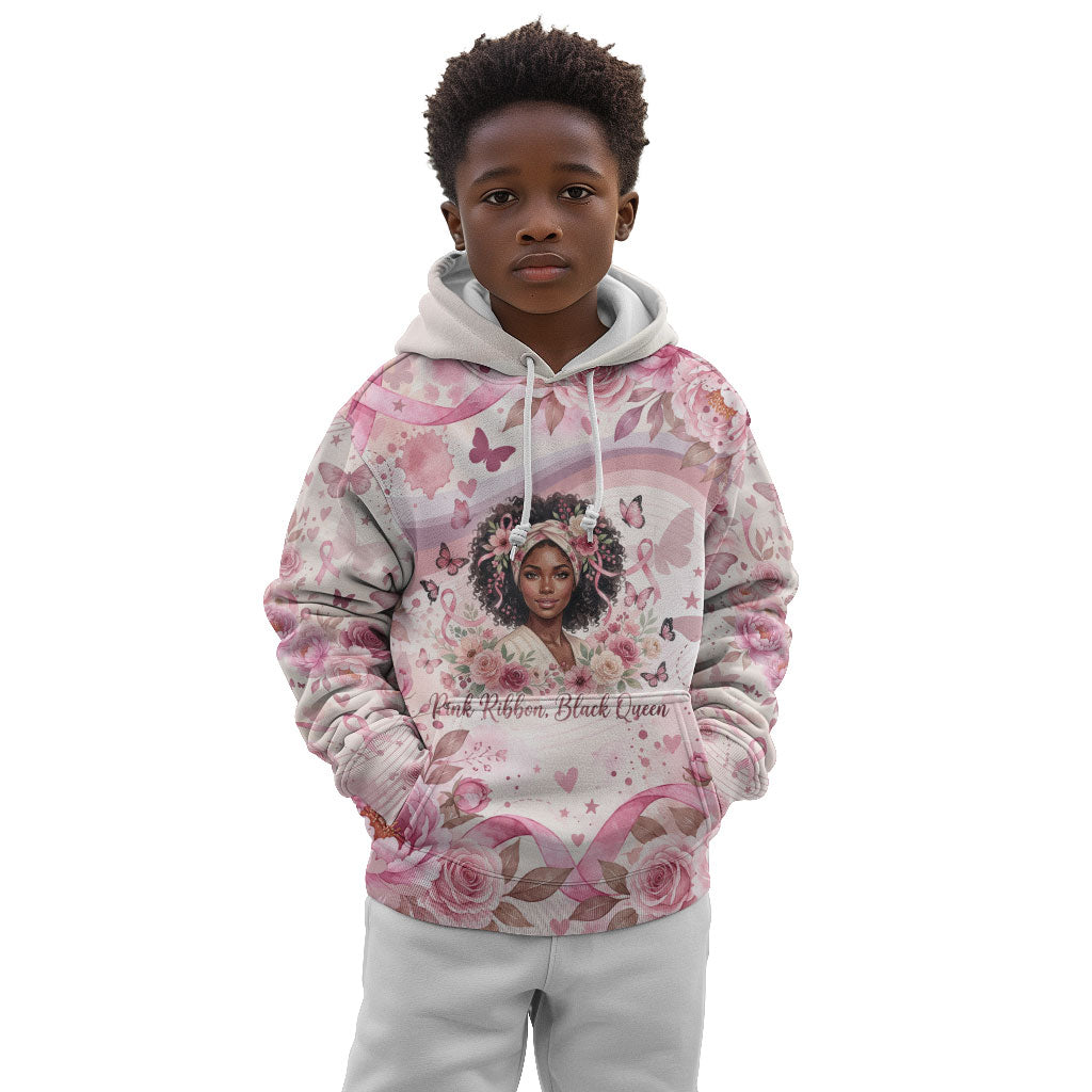 African American Breast Cancer Warrior Black Queen Kid Hoodie Floral Pink Ribbon Watercolor Butterfly Hope Art