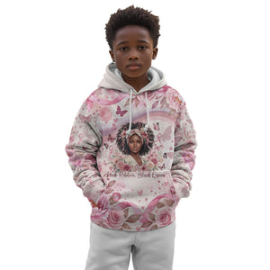 African American Breast Cancer Warrior Black Queen Kid Hoodie Floral Pink Ribbon Watercolor Butterfly Hope Art