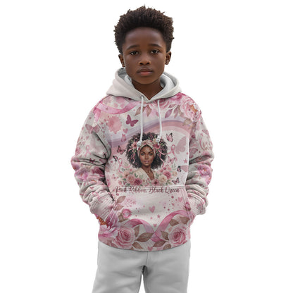 African American Breast Cancer Warrior Black Queen Kid Hoodie Floral Pink Ribbon Watercolor Butterfly Hope Art