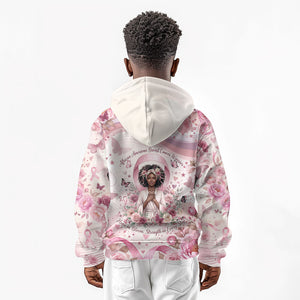 African American Breast Cancer Warrior Black Queen Kid Hoodie Floral Pink Ribbon Watercolor Butterfly Hope Art