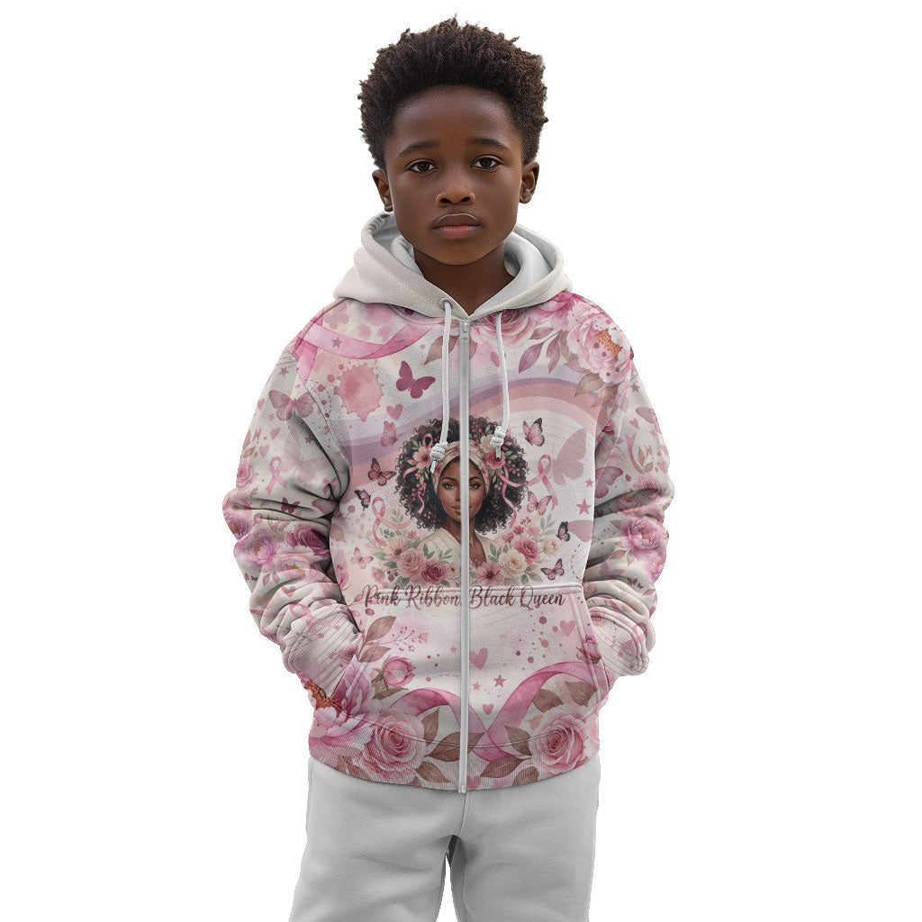 African American Breast Cancer Warrior Black Queen Kid Hoodie Floral Pink Ribbon Watercolor Butterfly Hope Art