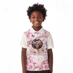African American Breast Cancer Warrior Black Queen Kid Polo Shirt Floral Pink Ribbon Watercolor Butterfly Hope Art