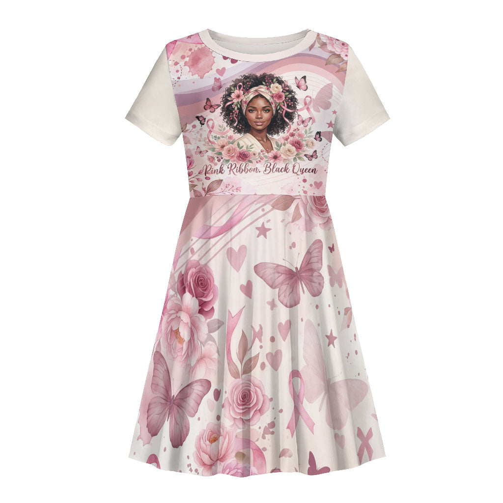 African American Breast Cancer Warrior Black Queen Kid Short Sleeve Dress Floral Pink Ribbon Watercolor Butterfly Hope Art