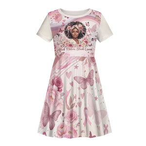 African American Breast Cancer Warrior Black Queen Kid Short Sleeve Dress Floral Pink Ribbon Watercolor Butterfly Hope Art