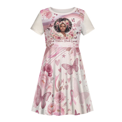 African American Breast Cancer Warrior Black Queen Kid Short Sleeve Dress Floral Pink Ribbon Watercolor Butterfly Hope Art