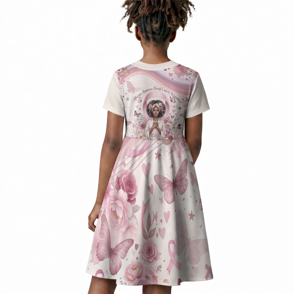 African American Breast Cancer Warrior Black Queen Kid Short Sleeve Dress Floral Pink Ribbon Watercolor Butterfly Hope Art