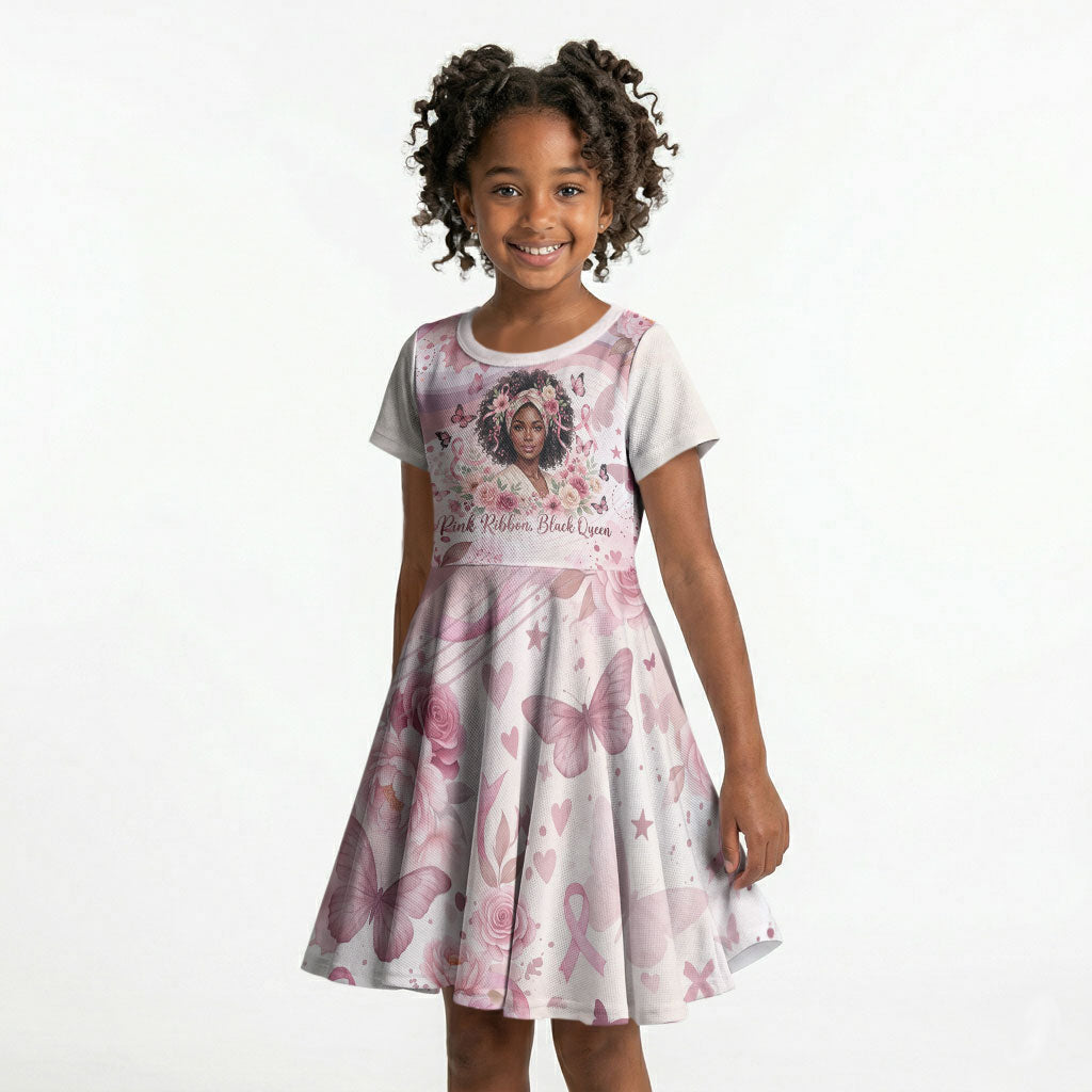 African American Breast Cancer Warrior Black Queen Kid Short Sleeve Dress Floral Pink Ribbon Watercolor Butterfly Hope Art