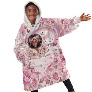 African American Breast Cancer Warrior Black Queen Kid Wearable Blanket Hoodie Floral Pink Ribbon Watercolor Butterfly Hope Art