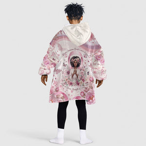 African American Breast Cancer Warrior Black Queen Kid Wearable Blanket Hoodie Floral Pink Ribbon Watercolor Butterfly Hope Art