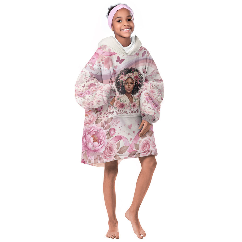 African American Breast Cancer Warrior Black Queen Kid Wearable Blanket Hoodie Floral Pink Ribbon Watercolor Butterfly Hope Art